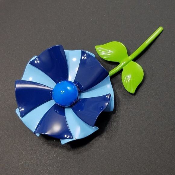 Vintage 1960s Blue Enamel Flower Brooch Green Stem Pinwheel Mod Floral Jewelry - Picture 8 of 8